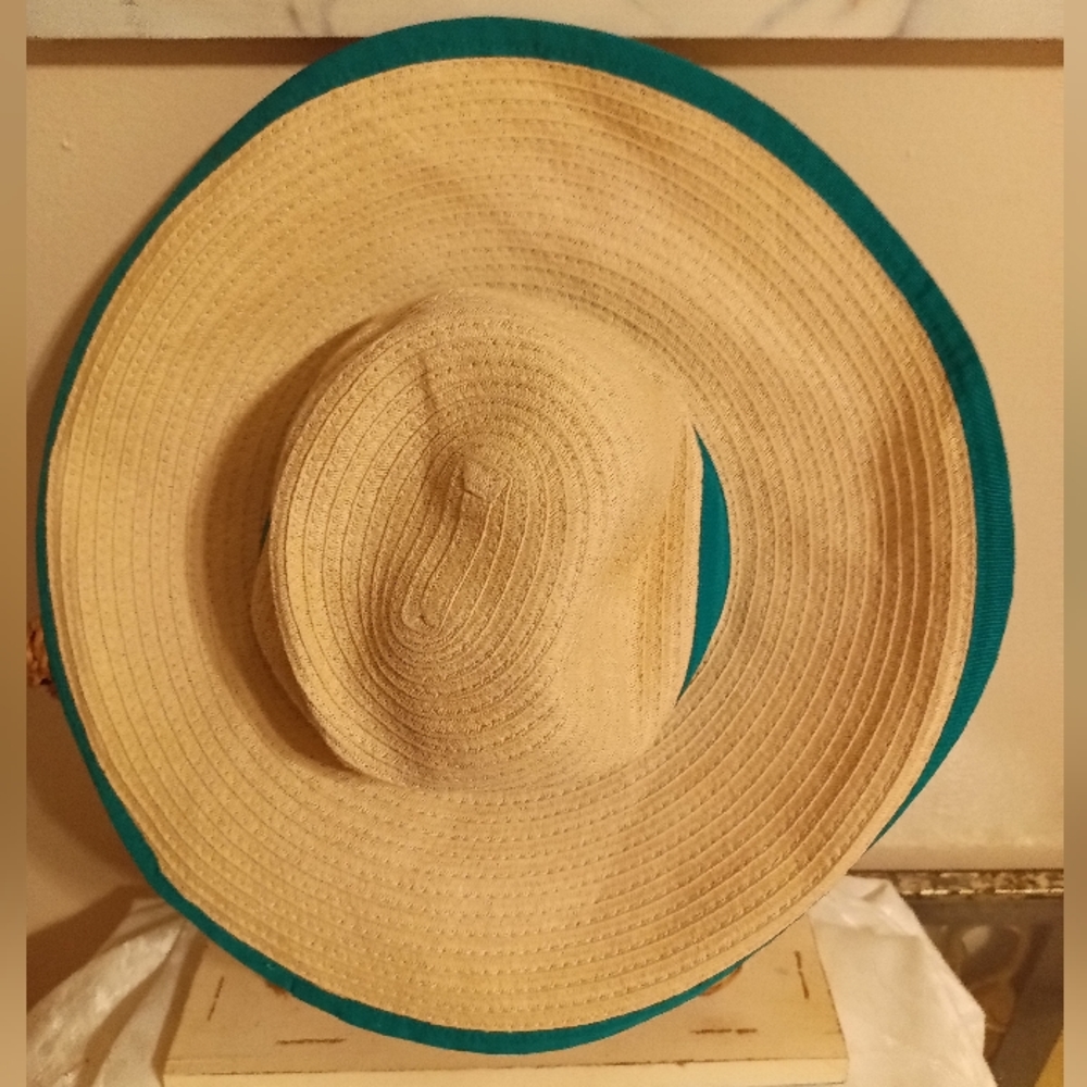 Crazy 8 paper sunhat large brim teal and tan